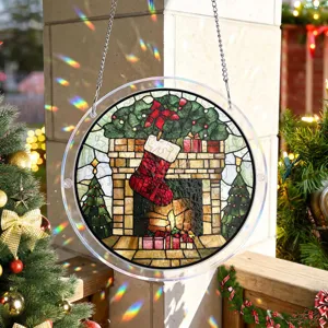 Ronde acryl Kerst raamhangende decoratie zonnevanger met haardpatroon en metalen ketting.