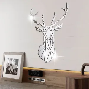 Detailed view of 3D geometric acrylic mirror deer head wall sticker for modern home decor.
