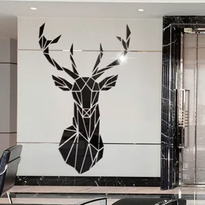 Detailed scene view of modern 3D geometric deer head acrylic mirror wall sticker decor.