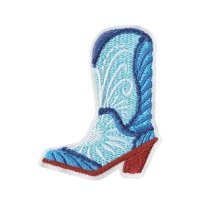 Western cowboy boot embroidered patch, blue and white clothing DIY decorative applique badge.