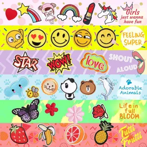 Detailed view of assorted cute cartoon embroidered patches set for clothing, bags and hats.