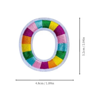 Colorful embroidered letter O patch detail showing product dimensions and vibrant stitching.