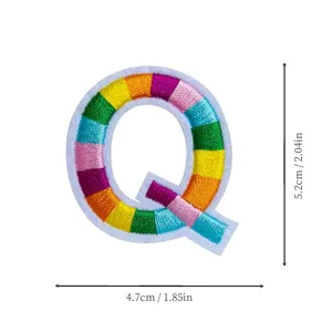 Colorful rainbow embroidered letter Q patch for DIY clothing repair and jacket accessory.