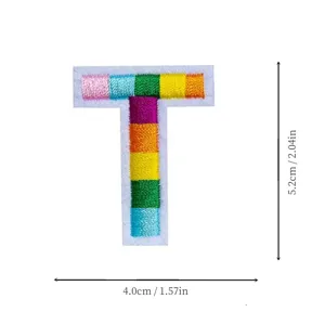 Colorful letter T embroidered patch clothing accessory badge with clear dimension guide.