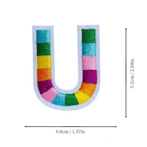 Colorful embroidered letter U patch for clothing DIY, decorative cloth sticker with dimensions.