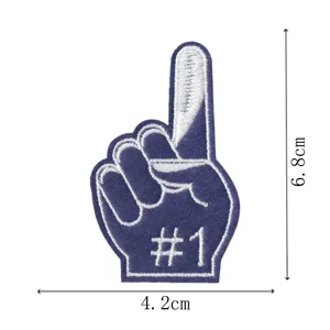 Blue number one foam finger embroidered patch detail view showing dimensions 6.8x4.2cm.