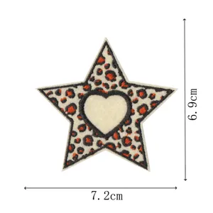 Leopard print star embroidery patch with heart motif, DIY clothing accessory, 7.2x6.9cm