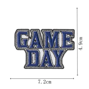 Detailed close-up of blue embroidered GAME DAY patch letter badge with clear size dimensions.
