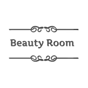 Λεπτομέρεια αυτοκόλλητου τοίχου Beauty Room με καθαρή τυπογραφία και γραμμές.