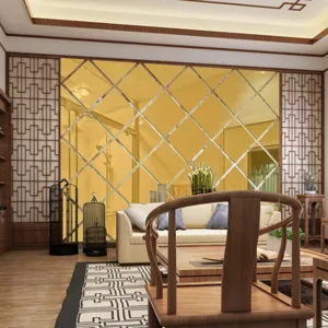 Detailed view of the 3D diamond acrylic mirror wall sticker in a modern Chinese living room.