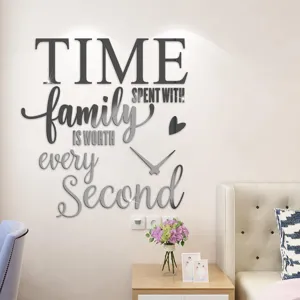 Detailed view of DIY mirror acrylic wall clock sticker with inspirational family text quote decor.
