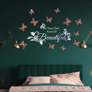 Acrylic mirror butterfly wall stickers with inspiring quote for bedroom living room decor