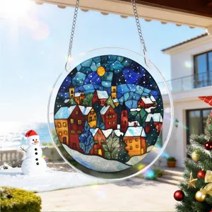 Kerstmis glas-in-lood acryl hangbord sneeuwdorp raamdecoratie feestdag ornamenten