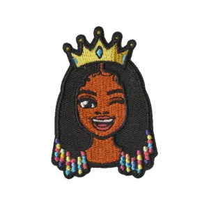 Cartoon Black Girl Embroidered Patch Iron On Crown Braid DIY Clothing Applique Badge