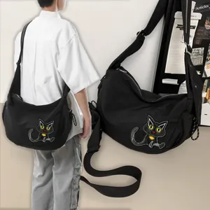 Borsa a tracolla in tela nera per uomo donna borsa messenger casual con toppa di gatto carino
