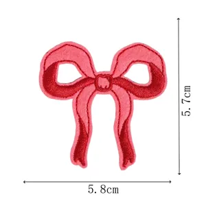 Red bow embroidery patch for clothing repair, DIY decorative fabric applique iron on badge.