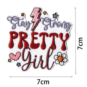 Cute embroidered patch with Stay Strong PRETTY Girl text, DIY decorative badge for clothes.