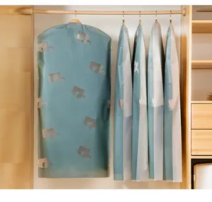 Hanging garment dust cover for wardrobe, clear clothes storage bag protecting suits and coats.