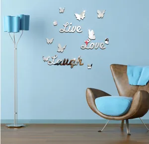 Acrylic butterfly live love laugh mirror wall sticker for living room and bedroom decor.