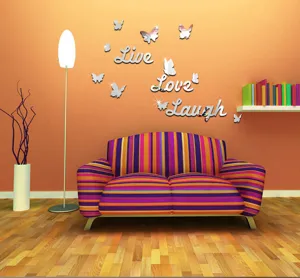 Acrylic mirror wall stickers with Live Love Laugh and butterflies for living room decor.