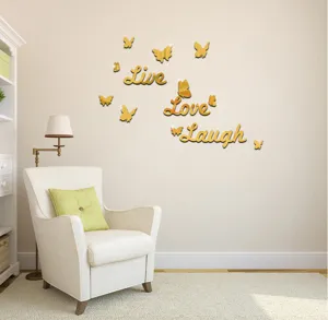 Gold 3D mirror wall stickers with live love laugh quotes and cute butterflies for home decor.
