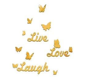 Gold acrylic mirror wall stickers with butterfly and live love laugh text for home decor.