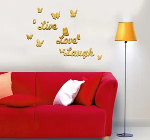 Gold acrylic mirror wall sticker with butterflies and English text Live Love Laugh for home.