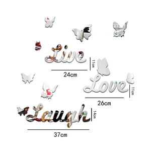 Acrylic mirror wall stickers with Live Love Laugh quotes and butterflies, modern home decor details.