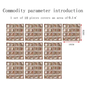 Detail view of 3D mosaic tile stickers showing size and dimension parameters clearly.