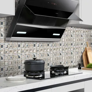 Close-up detail of vintage blue and white mosaic kitchen wall sticker, decorative DIY tile film.
