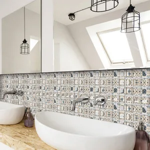 Self-adhesive waterproof tile stickers with vintage mosaic pattern for bathroom wall decor.
