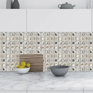 Creative 3D mosaic tile stickers with retro blue white pattern for kitchen wall decor.
