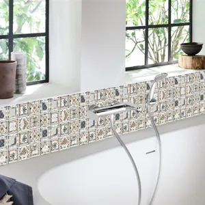 Detailed view of 3D mosaic tile stickers in a modern bathroom scene, waterproof wall decor.