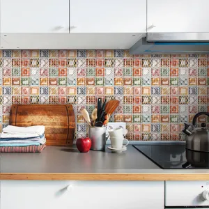 Detail view of creative 3D mosaic tile stickers with vintage patterns for kitchen wall decor.