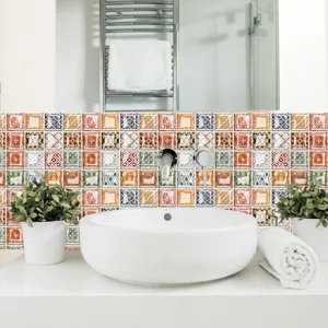 Detail view of creative mosaic tile stickers in a modern bathroom scene with glossy finish.