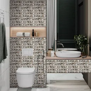 Waterproof 3D mosaic tile stickers for bathroom wall decor, self-adhesive DIY home vinyl.