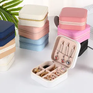 Portable mini jewelry box PU leather travel storage organizer with zipper for rings and necklaces
