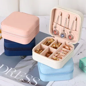Portable PU leather jewelry box travel mini zipper ring necklace storage organizer case