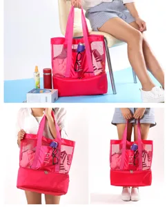 Double layer mesh tote beach bag with cooler compartment, pink travel picnic shoulder bag for women