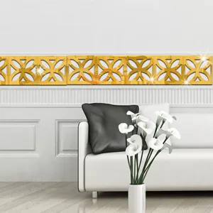 Golden 3D mirror wall sticker detail view, elegant geometric hollow design for home decor.
