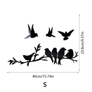 3D acrylic mirror wall sticker detail showing S size dimensions, bird and tree branch design.
