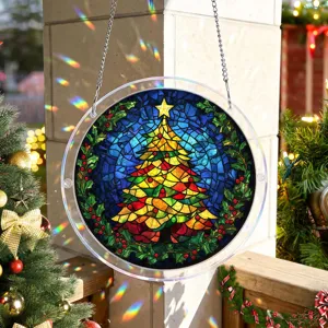 Gebrandschilderd glas stijl kerstboom acryl hangende plaque feestelijke raamdecoratie