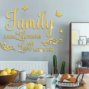 Acryl spiegel muursticker familie quote woninginrichting sticker goud 3D art waterdicht.