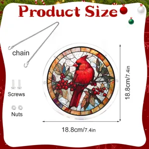 Detail van acrylen kardinaal hangend bord toont productgrootte, diameter 18,8 cm met accessoires.