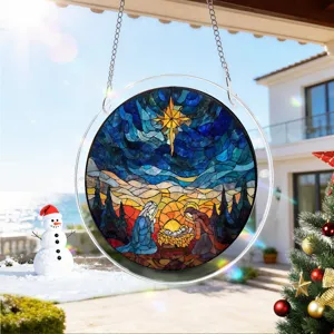 Kerst acryl hangende ornament kerststal scène raamdecoratie glas in lood stijl feestelijk