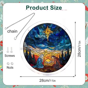 Kerst gebrandschilderd glas acryl hangend bord kerststal scene ronde raamdecoratie ketting.