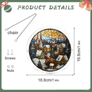 Gedetailleerd overzicht van kerst sneeuwlandschap acryl hangbord met ketting en maatspecificatie.