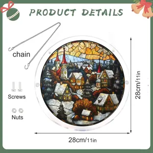 Detail van acryl kerst puzzel hangende plaque met ketting, schroeven en afmeting 28cm.