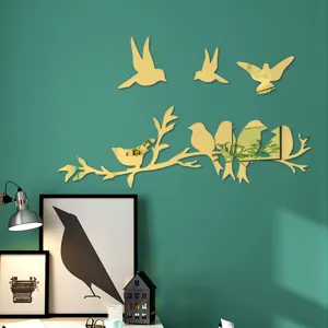 Acrylic 3D mirror bird and tree branch wall sticker for home living room decor detail.