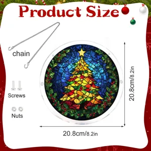 Detail van het acryl kerstboom hangbord met afmetingen en bijbehorende montagehardware.